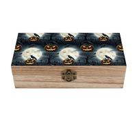 HLBSDM Caja organizadora de joyas de madera, almacenamiento decorativo con tapa abatible, diseño de Halloween, luna llena, calabaza, calavera y, estuche de recuerdos para bodas y decoración del hog
