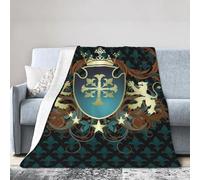 HLBSDM Manta de Viaje de Franela Ligera de 127 x 101 cm, diseño heráldico de la Edad Media, con Escudo de Armas, Corona, Leones y remolinos. Fácil de Transportar, Ideal para Acampar y Uso doméstico.