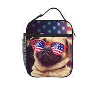 HLBSDM Preciosa fiambrera con diseño de perro pug y la bandera de EE. UU., bolsa térmica para el almuerzo para hombres y mujeres, con asa desmontable.