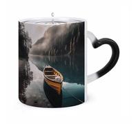 HLBSDM Taza de cerámica con estampado de barco junto al lago que cambia de color, sensible al calor, para té, cacao y leche, regalo único para cumpleaños y San Valentín.