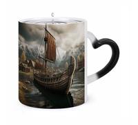 HLBSDM Taza de cerámica con estampado de barco vikingo antiguo que cambia de color, sensible al calor, para té, cacao y leche, regalo único para cumpleaños y San Valentín.