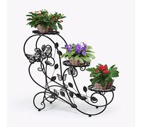 HLC Estante para macetas de hierro fundido estilo europeo, de tres niveles, para jardines, interiores y exteriores, con diseño de mariposas esculturales，negro（73 * 26 * 67.5 cm）
