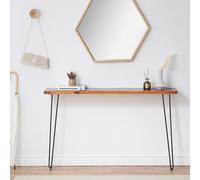HLDJYLZS Consola Escandinava de Madera Maciza con Estructura Metálica | Mesa entrada ultra estrecha, consola pasillo para salón, recibidor, apartamento y espacios pequeños