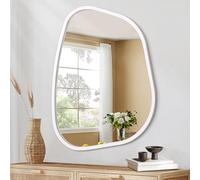 HLFMVWE - Espejo de pared irregular blanco para baño con marco de madera ovalado asimétrico moderno, espejo de pared montado en la pared con forma única, decoración artística para sala de estar