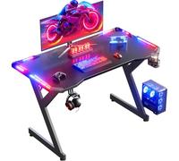HLFURNIEU 100 x 60 cm LED Mesa Gaming, Mesa Gamer de Superficie de Fibra de Carbono, Escritorio Gaming Ergonómica con Portavasos y Gancho para Auriculares, Negro