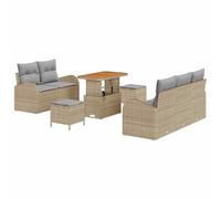 hliofuir Juego de muebles de jardín de polirratán con cojín, 8 piezas | Conjunto modular para patio y jardín con mesas de madera de acacia, cojines de espuma y prácticos bolsillos.