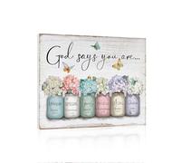 HLJ ART Arte inspirador de pared con versículo bíblico: Dios dice que eres refranes de pared con flores en tarro de masón, impresión de fotos cristianas de regalo para mujeres y niñas, decoración de