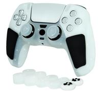 HLRAO Funda de silicona antideslizante con purpurina blanca compatible con el controlador PS5, incluye 8 empuñaduras de pulgar con purpurina blanca brillante y 2 accesorios de agarre de pata de gato.