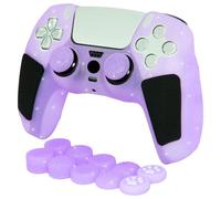 HLRAO Funda de silicona con purpurina morada antideslizante suave y gruesa compatible con el controlador PS5, incluye 8 empuñaduras de pulgar con purpurina morada y 2 accesorios de agarre de pata de