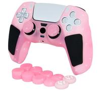 HLRAO Funda de silicona con purpurina rosa antideslizante suave y gruesa compatible con el controlador PS5, incluye 8 empuñaduras de pulgar rosas brillantes y 2 accesorios de agarre de pata de gato.