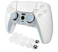 HLRAO Funda protectora de silicona antideslizante con purpurina blanca compatible con controlador PS5/Slim/Pro, 8 tapas de agarre para pulgar y 2 tapas de agarre (blanco brillante)
