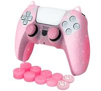 HLRAO Funda protectora de silicona antideslizante con purpurina de gato rosa compatible con controlador PS5/Slim/Pro, 8 tapas de agarre para pulgar con purpurina y 2 tapas de agarre de patas.
