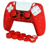 HLRAO Funda protectora de silicona antideslizante con purpurina roja compatible con controlador PS5/Slim/Pro, 8 tapas de agarre para pulgar y 2 tapas de agarre (rojo brillante)