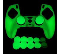 HLRAO Funda protectora de silicona antideslizante verde que brilla en la oscuridad, compatible con el controlador de borde PS5, 8 tapas de agarre para el pulgar y 2 tapas de agarre que brillan en la