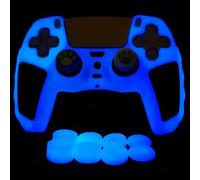 HLRAO Funda Protectora de Silicona Suave Antideslizante Que Brilla en la Oscuridad para PS5, con 8 Tapas Brillantes para el Pulgar y 2 Tapas de Agarre, Color Azul