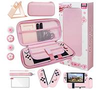 HLRAO Juego de Accesorios de Viaje Rosa Bolsa de Transporte Compatible con Nintendo Switch,con Cubierta Protectora Dura, Soporte Ajustable, Protector de Pantalla de Vidrio HD y Agarre para el Pulgar.