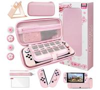 HLRAO Juego de Accesorios de Viaje Rosa Bolsa de Transporte Compatible con Switch Oled,con Cubierta Protectora Dura, Soporte Ajustable, Protector de Pantalla de Vidrio HD y Agarre para el Pulgar.