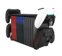 HLRAO Torre de almacenamiento de videojuegos para PS5/PS4/PS3/PS2/PSP/Xbox One/Series X/S/Wii/Wii U/Switch, organizador de discos DVD y Blu-Ray, almacena 15 juegos, con 4 soportes para controlador