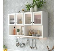Hltdzer Armario de Pared con Puertas de Vidrio Estriado, Alacena de Cocina Suspendida de Madera con Balda Abierta para Baño y Salón Almacenamiento(White,140 * 30 * 65cm/55.1 * 11.8 * 25.6in)