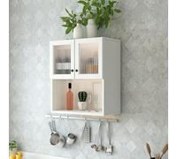 Hltdzer Armario de Pared con Puertas de Vidrio Estriado, Alacena de Cocina Suspendida de Madera con Balda Abierta para Baño y Salón Almacenamiento(White,60 * 30 * 65cm/23.6 * 11.8 * 25.6in)
