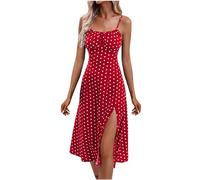 HLYICRQ Spaghetti Strap Summer Dresses, Women's Spaghetti Strap Floral Dress Sleeveless Slit Hem Bodycon Long Dress, Ladies Summer Stretch Square Neck Camisole Strappy (Red,S)