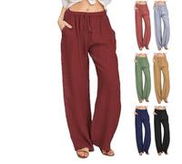 HLYICRQ Women's Cotton Linen Pants Drawstring Waist, Straight Leg Loose Trousers, Summer Wide Leg Casual Loose Pants, High Waisted Beach Trousers (S,Red)
