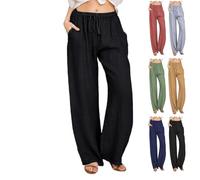 HLYICRQ Women's Cotton Linen Pants Drawstring Waist, Straight Leg Loose Trousers, Summer Wide Leg Casual Loose Pants, High Waisted Beach Trousers (2XL,Black)