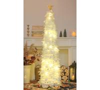 HMASYO - Árbol blanco de Navidad artificial plegable de 1,5 m, con 50 luces LED blanco cálido, nieve y lentejuelas redondas, decoración de Navidad para el hogar, apartamento, chimenea y para fiesta