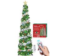 HMASYO Árbol de Navidad de oropel desplegable de 6 pies con 100 luces de temporizador de colores y control remoto, árbol artificial plegable de color verde plateado para decoración de Navidad para el