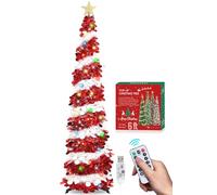 HMASYO Árbol de Navidad de oropel desplegable de 6 pies con 100 luces de temporizador multicolor y control remoto, árbol artificial plegable rojo y blanco, decoración de Navidad para el hogar,