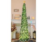 HMASYO Árbol de Navidad de oropel desplegable de 6 pies con 100 luces LED de temporizador y control remoto, árbol artificial plegable verde con adornos de copo de nieve, decoración de Navidad para el