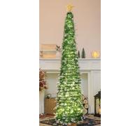 HMASYO Árbol de Navidad desplegable de 5 pies con luces de temporizador, árbol de Navidad de oropel verde con adornos de copo de nieve, árbol de lápiz artificial plegable, decoración de Navidad para