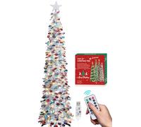 HMASYO Árbol de Navidad desplegable de 6 pies con 100 luces LED de temporizador y control remoto, árbol de oropel de Navidad plateado, árbol artificial plegable para decoración de fiestas en casa
