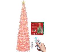 HMASYO Árbol de Navidad desplegable de 6 pies con 100 luces LED y control remoto, árbol de Navidad de oropel rosa, árbol de Navidad artificial plegable, decoración de Navidad para el hogar, oficina,