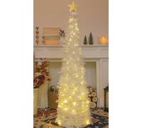 HMASYO Árbol de Navidad emergente de 1,5 m con luces de temporizador, oropel blanco, árbol de árbol de árbol de navidad de lápiz artificial plegable decoración de árbol de Navidad para interior casa