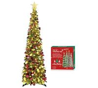 HMASYO Árbol de oropel de Navidad desplegable de 150 cm con Luces - Lentejuelas Coloridas Plegables Artificiales de árboles de lápiz navideño para decoración para el hogar, apartamento, Fiesta