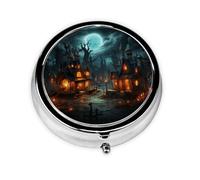 HMBGFW Caja de almacenamiento de pastillas de castillo de Halloween, compacta con 3 espacios, pastillero circular portátil de metal, perfecta para viajes, cartera o uso de bolsillo