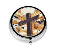 HMBGFW Caja de almacenamiento de pastillas de crucifixión, compacta con 3 espacios, pastillero circular portátil de metal, perfecta para viajes, cartera o uso de bolsillo