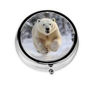 HMBGFW Caja de almacenamiento de pastillas de oso polar en la nieve, compacta con 3 espacios, pastillero circular portátil de metal, perfecto para viajes, cartera o uso de bolsillo
