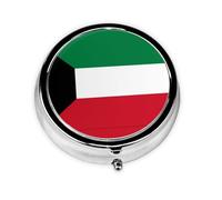 HMBGFW Caja de almacenamiento de píldoras con bandera kuwaití, compacta con 3 espacios, pastillero circular portátil de metal, perfecta para viajes, cartera o uso de bolsillo