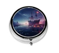 HMBGFW Caja de almacenamiento de píldoras de barco pirata, compacta con 3 espacios, pastillero circular portátil de metal, perfecto para viajes, cartera o uso de bolsillo