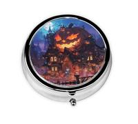 HMBGFW Caja de almacenamiento de píldoras de fiesta de calabaza de Halloween, compacta con 3 espacios, pastillero circular portátil de metal, perfecto para viajes, cartera o uso de bolsillo