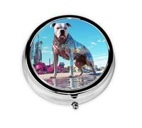 HMBGFW El colorido mundo de los perros, caja de almacenamiento de píldoras compacta con 3 espacios, pastillero circular portátil de metal, perfecto para viajes, cartera o uso de bolsillo