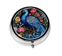 HMBGFW Hermoso pastillero de pavo real en las flores, compacto con 3 espacios, pastillero circular portátil de metal, perfecto para viajes, cartera o uso de bolsillo