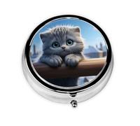 HMBGFW Lonely Kitty - Caja de almacenamiento de pastillas compacta con 3 espacios, pastillero circular portátil de metal, perfecta para viajes, cartera o uso de bolsillo