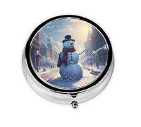 HMBGFW Pastillero gigante de muñeco de nieve navideño en la calle, compacto con 3 espacios, pastillero de metal circular portátil, perfecto para viajes, cartera o uso de bolsillo