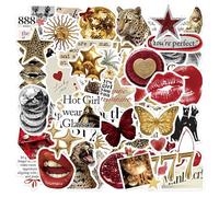 HMCEY 50 Piezas Pegatinas Aesthetic Scrapbooking Rojas Doradas,Pegatinas Decorativas Album Fotos,Laptop Stickers Bullet Journal Vintage,Journaling Pegatina Portatil Impermeable para Maletas, Bcicleta