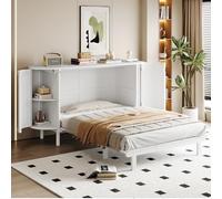 Hmdpoo Cama Abatible 140x200 cm, Cama Plegable de Pared Vertical con Somier, Diseño Rattan Blanco, Madera, con Compartimentos de Almacenamiento