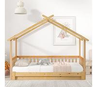 Hmdpoo Cama Casa del Árbol Extensible, Cama Individual y Doble de Madera Maciza de Pino, Color Natural, 208x182x170cm, con Barandillas de Seguridad, para Niños