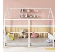 Hmdpoo Cama Infantil de Metal Tipo Casa con Barandilla, Diseño Doble, Estilo Moderno, Blanco Negro 90x200 cm, Sin Colchón (Blanco)